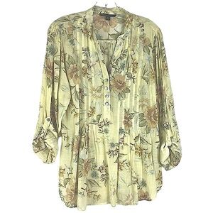 Zac & Rachel floral roll tab sleeves split neckline pleated tunic Sz M